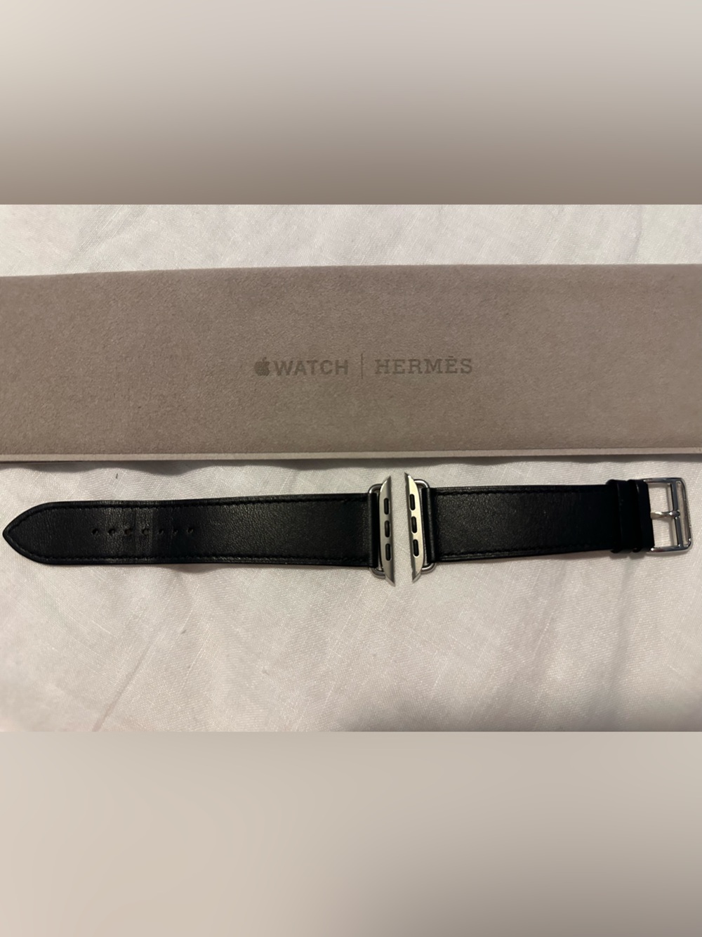 Hermès Black Leather Watch Strap with Silver Connectors - 44mm
